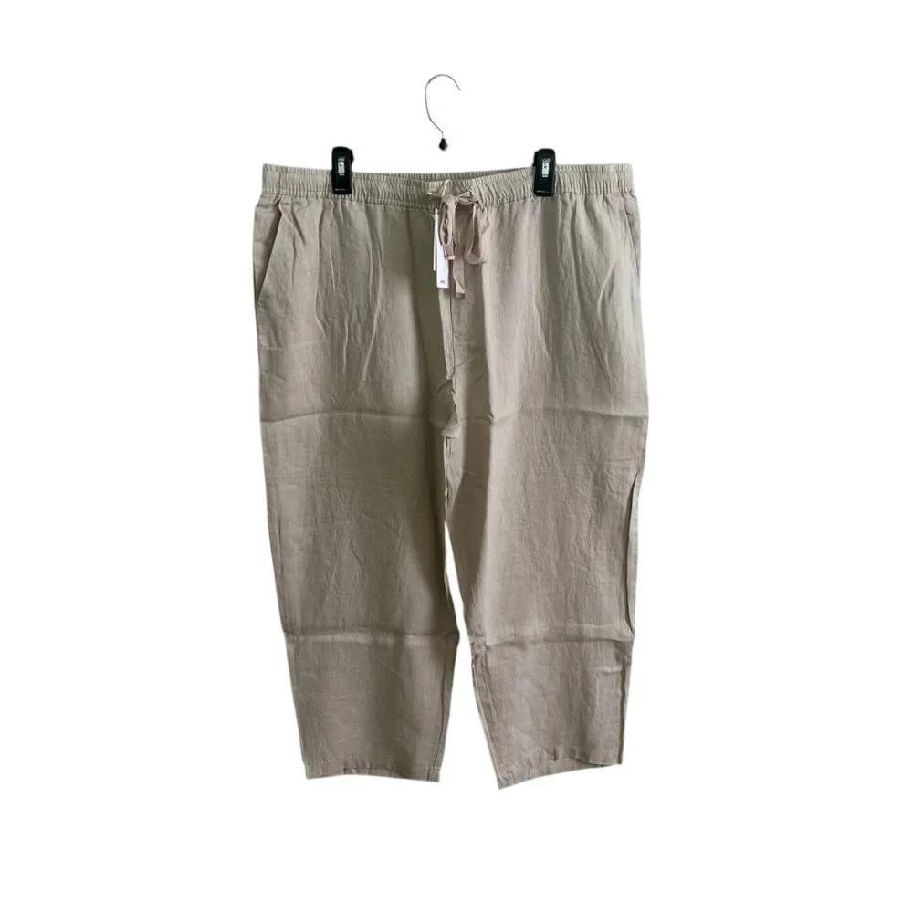 Mango MNG NWT 100% Linen Straight Pants Summer Elastic Waist Drawstring Size 1XL
